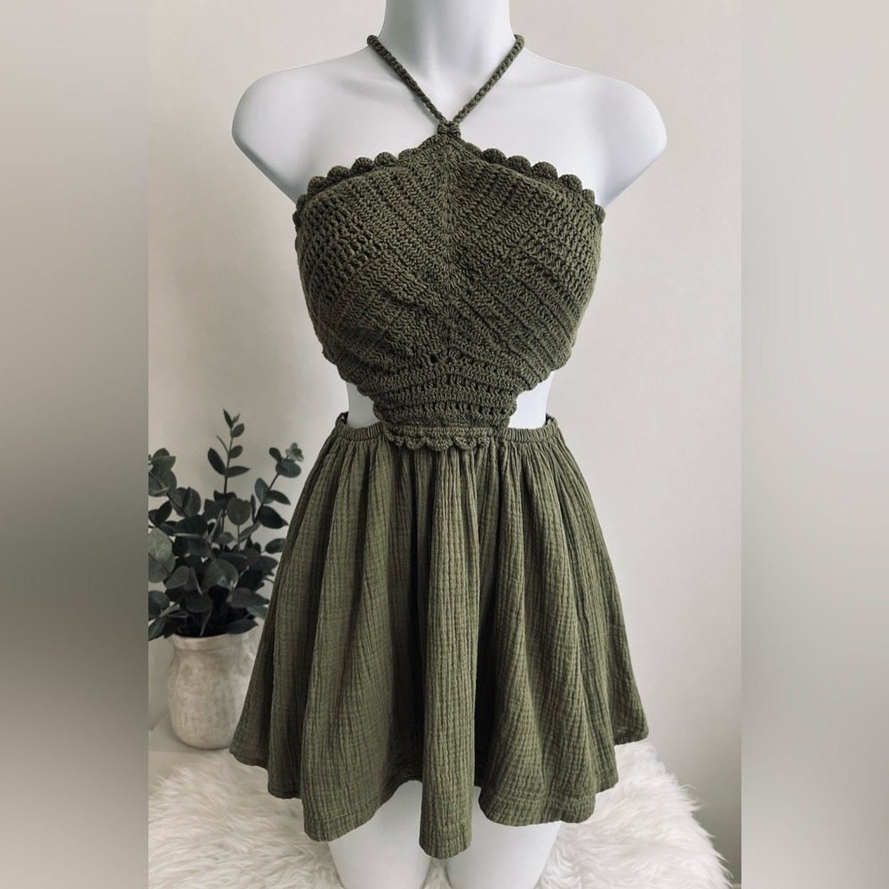 Aerie Olive Green Crochet Halter Dress Boho Festival Size S